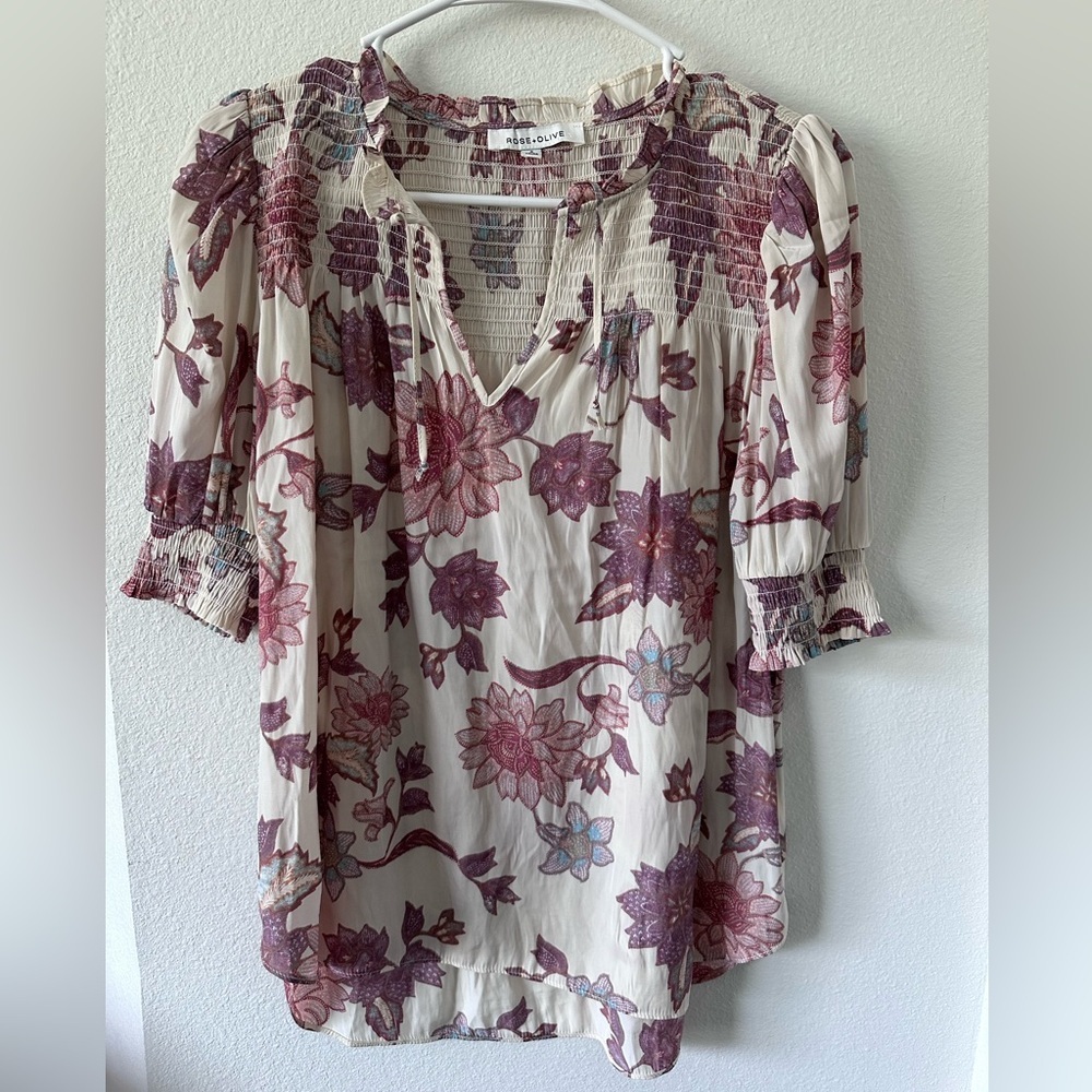 Rose & Olive Cream Blouse with Plum Floral Pattern